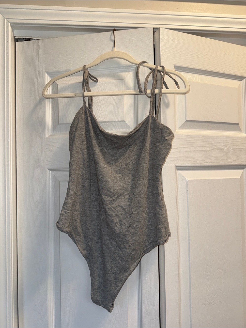 Privacy Please Gray Tie-Strap Jersey Bodysuit